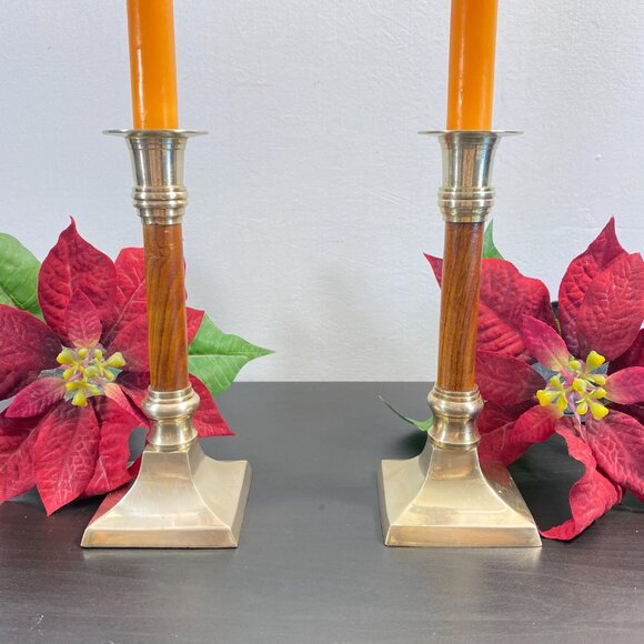 Set of 2 Candlestick Holders, Brass and Wood, Taper Candle Holder with Candles, - Picture 3 of 10